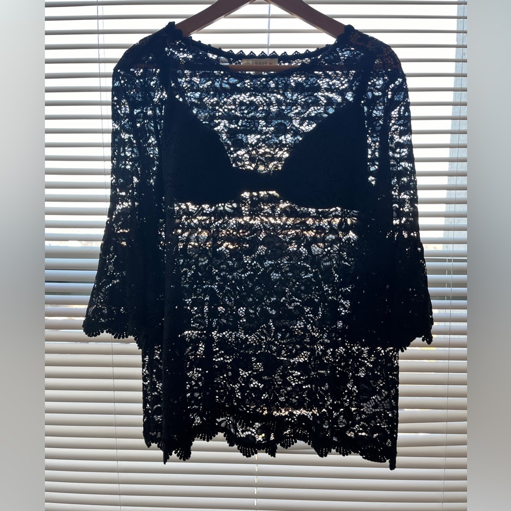 Black Lace Semi Sheer Top 90s Whimsigoth Romantic Neo-Victorianism Lingerie - Picture 2 of 9
